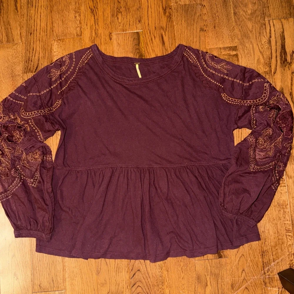 Free People Burgundy Peasant Blouse Boho Lace Embellished Sleeves Size S